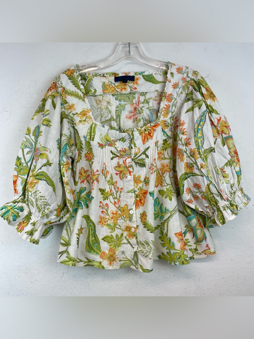 RACHEL Rachel Roy White Floral Puff-Sleeve Button Blouse Size M